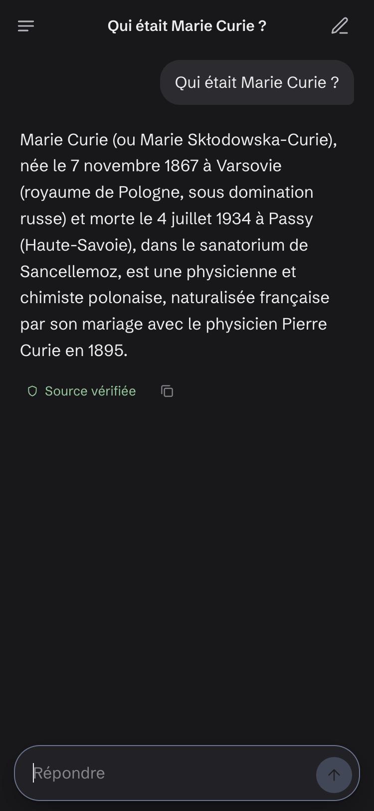 An answer in the phone app with the chip « Source vérifiée »